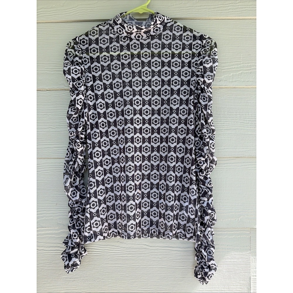 Anthropologie Maeve Mesh Ruched Sleeve Geometric Retro Mock Neck Top Women Small